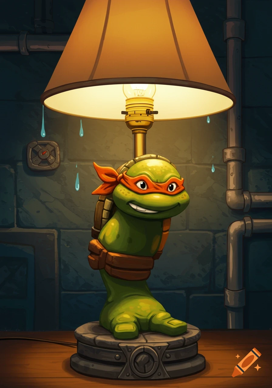 A cartoonish lamp shaped like Michelangelo's leg from Teenage Mutant Ninja Turtles, in a dimly lit, pipe-filled room.