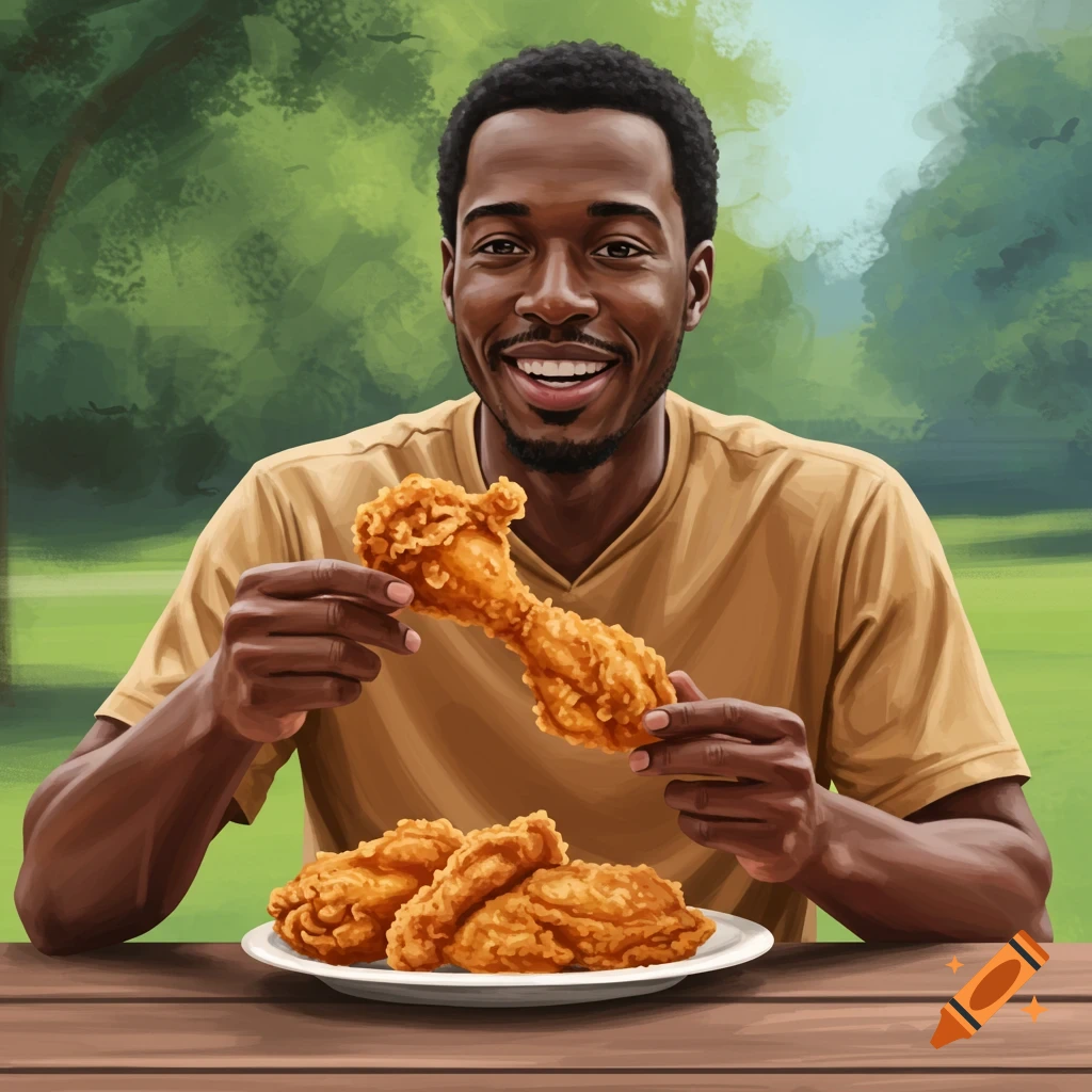 A smiling Black man in a park holds a piece of fried chicken, with more chicken on a plate.