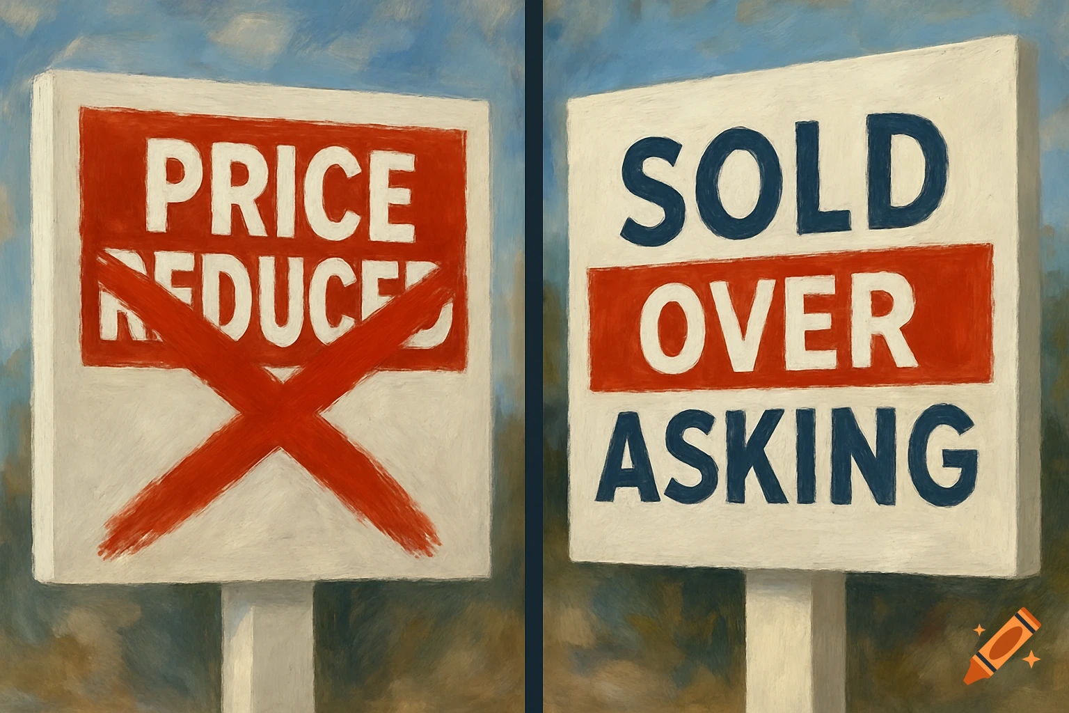 Two painted signs against a blue sky: one reads "PRICE REDUCED" with a red X, the other reads "SOLD OVER ASKING".