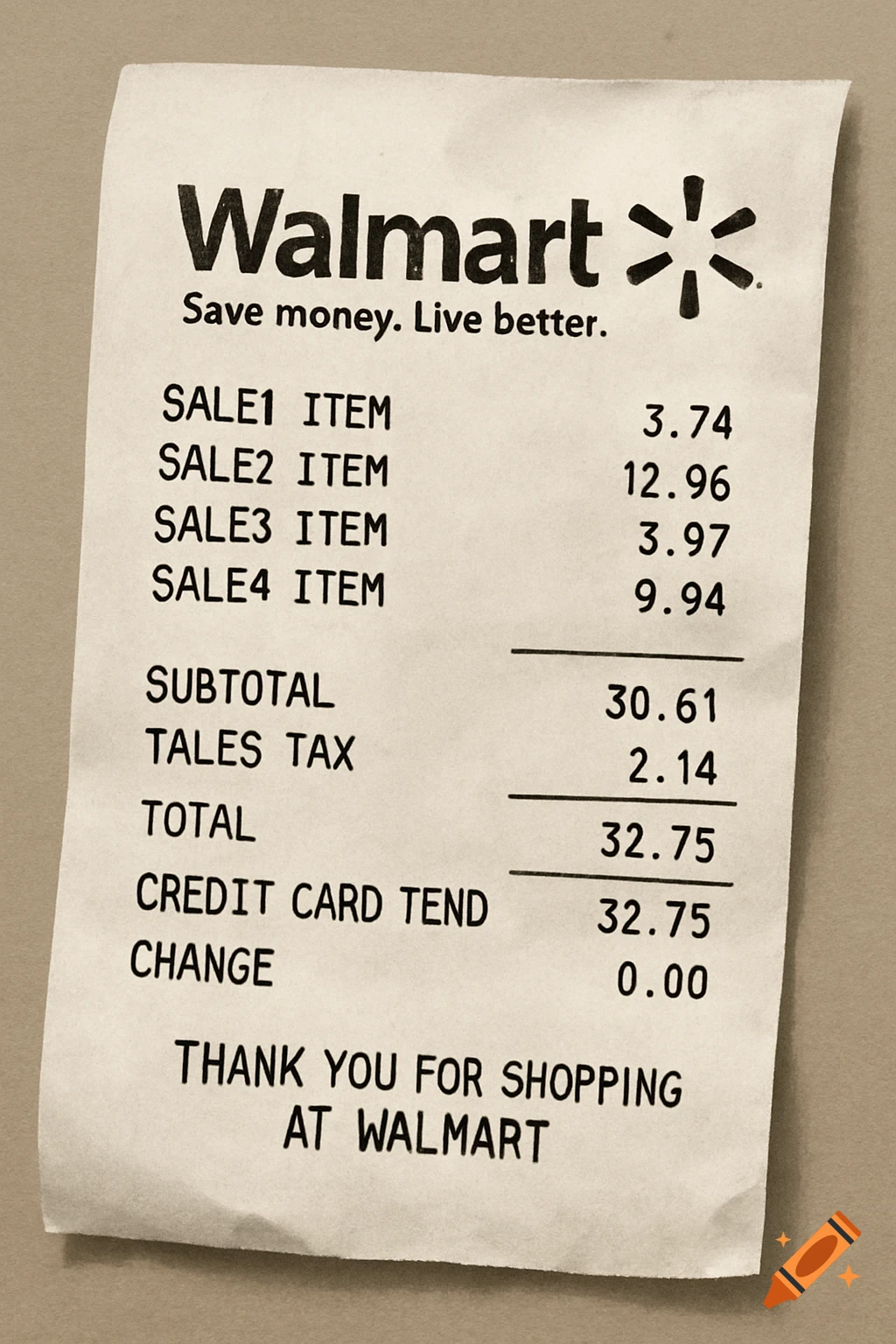 A close-up of a white Walmart paper receipt showing various items, prices, and totals. The receipt is slightly crumpled.
