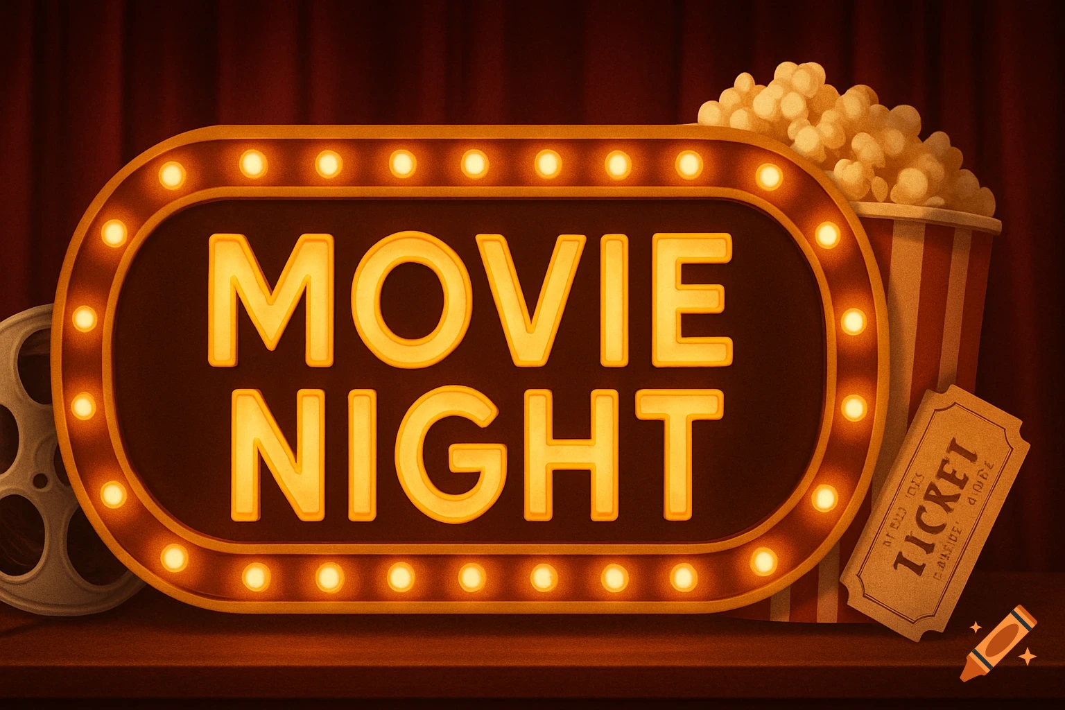 A vintage movie night marquee sign saying 'MOVIE NIGHT' with a popcorn bucket, film reel, and ticket on a stage with red curtains.