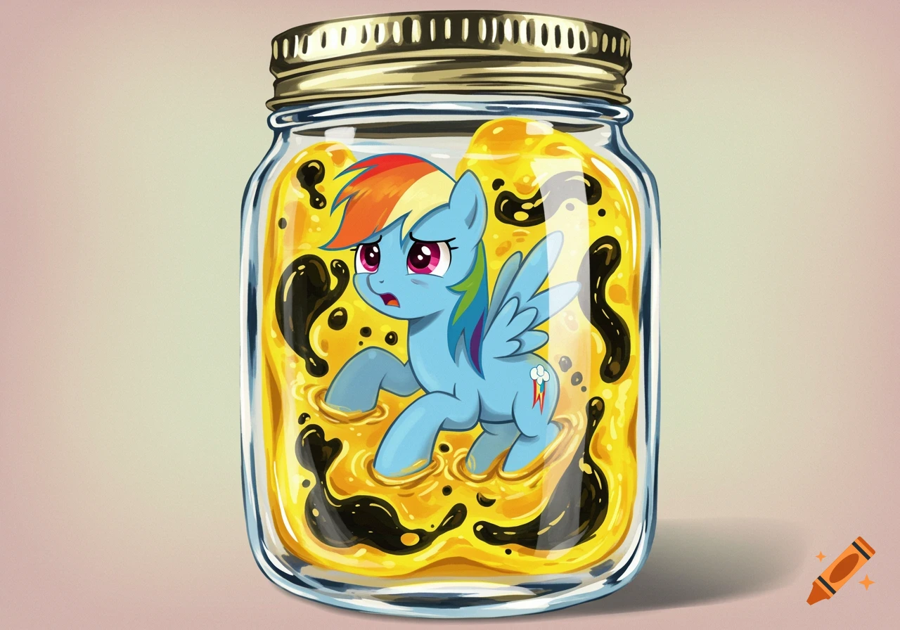 A blue cartoon pony, Rainbow Dash, with rainbow-colored mane and tail, trapped inside a glass jar filled with yellow liquid and black blobs in a cartoon style.