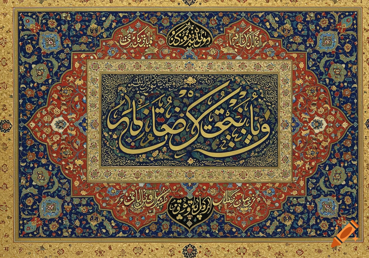 Intricate Persian calligraphy in gold script on a dark blue background, surrounded by red and blue floral patterns within gold borders.