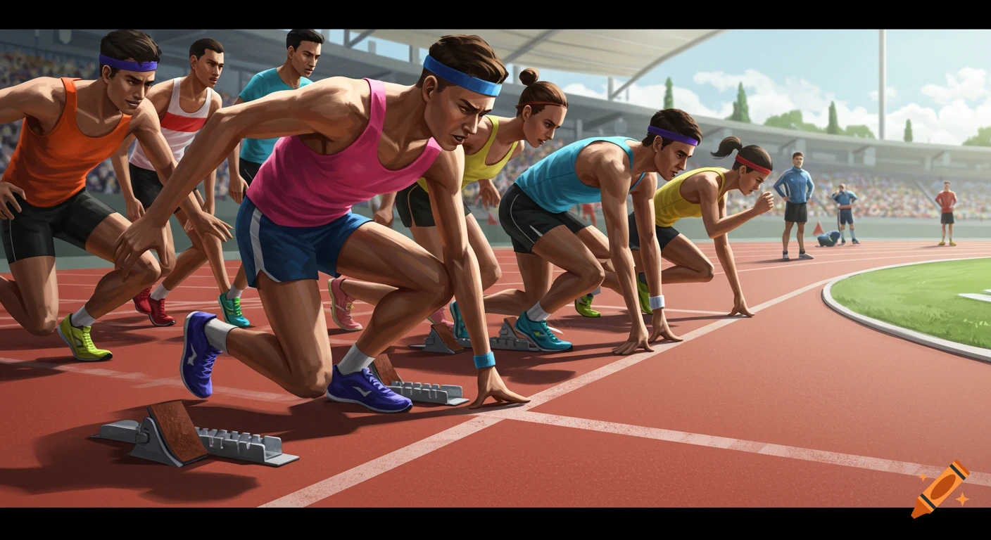 Athletes crouch at the starting blocks on a red track, ready to begin a race in a stadium under a clear sky, in a digital art style.