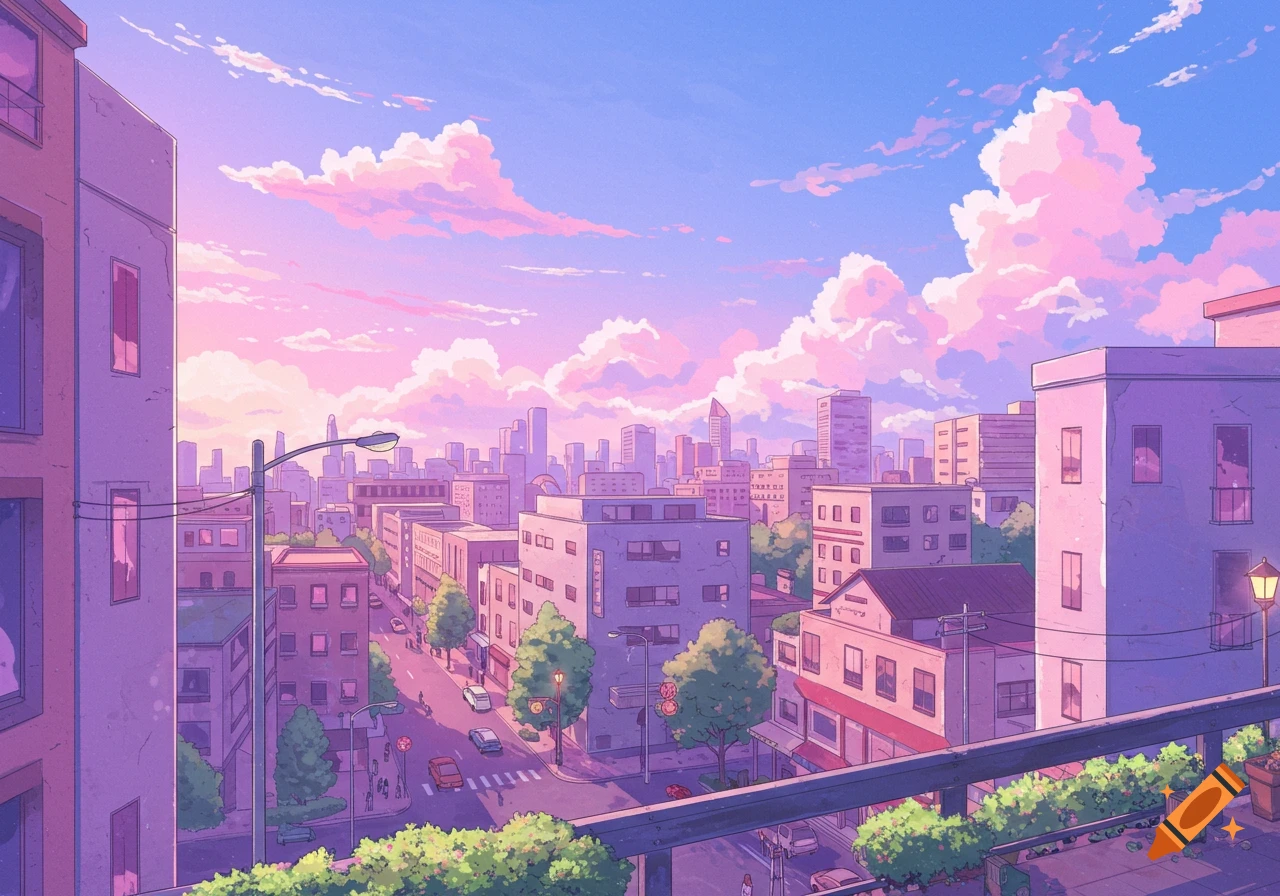 Anime cityscape with purple buildings, a street, and a vibrant pink and purple sky at sunset.