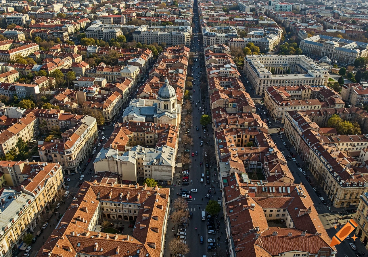 An aerial view of Bucharest, showing a dense urban landscape with historic buildings and a long straight road.