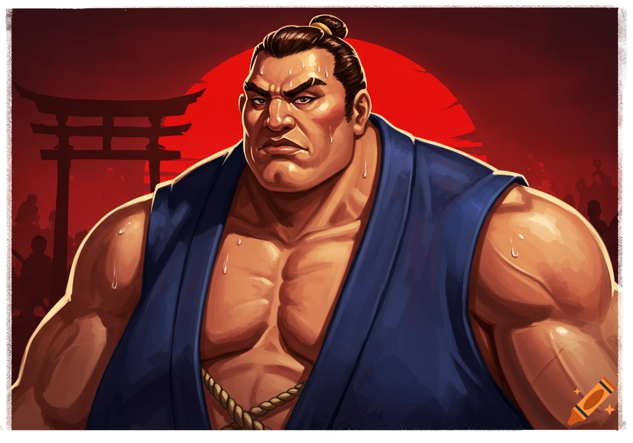 A close-up portrait of a muscular sumo wrestler in a blue robe, with a determined expression, against a red sky with a torii gate silhouette.