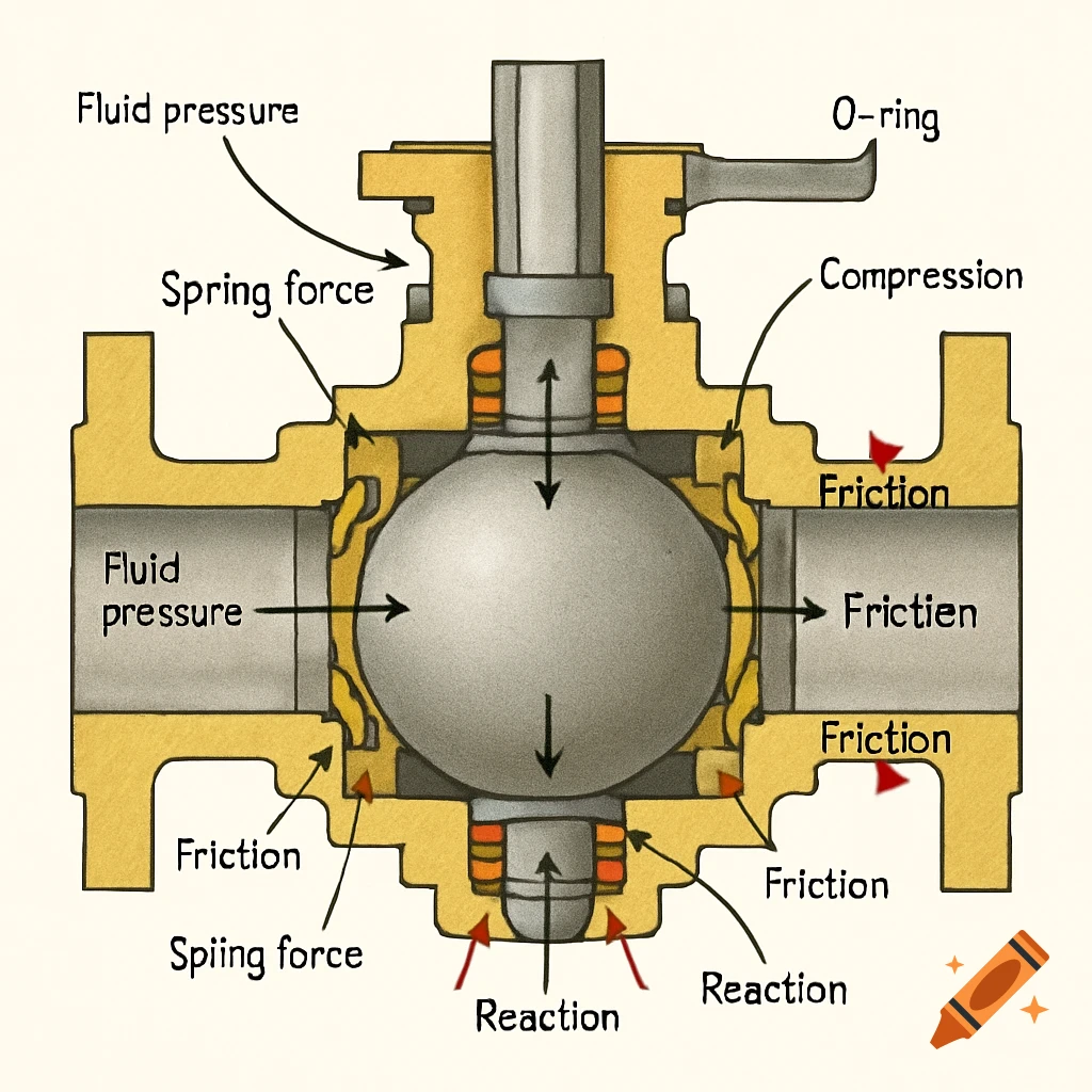 A detailed cross-sectional schematic diagram of a trunnion-mounted ball ...
