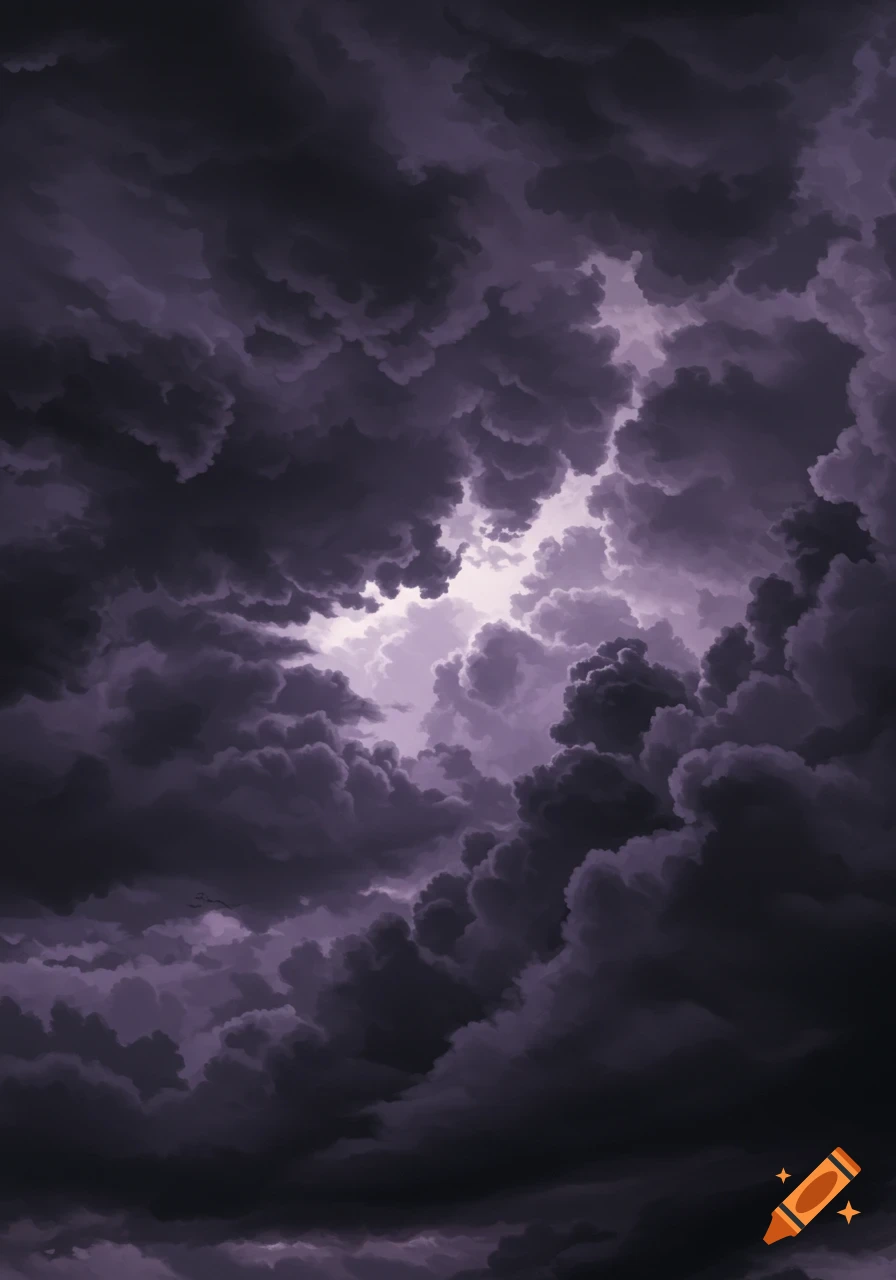 Dramatic sky with dark, purplish storm clouds and a bright, ethereal light breaking through the center.