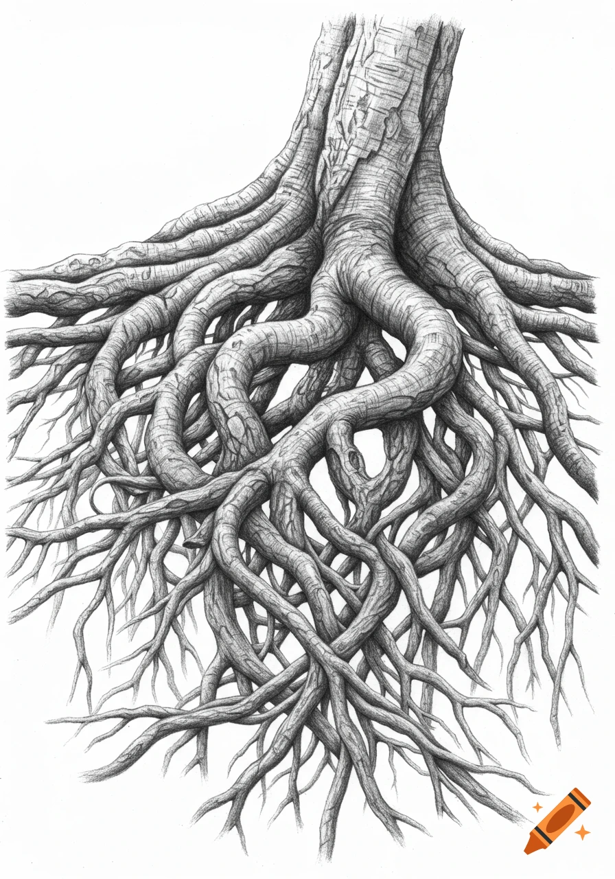 Detailed graphite drawing of a tree's intricate root system and lower trunk.