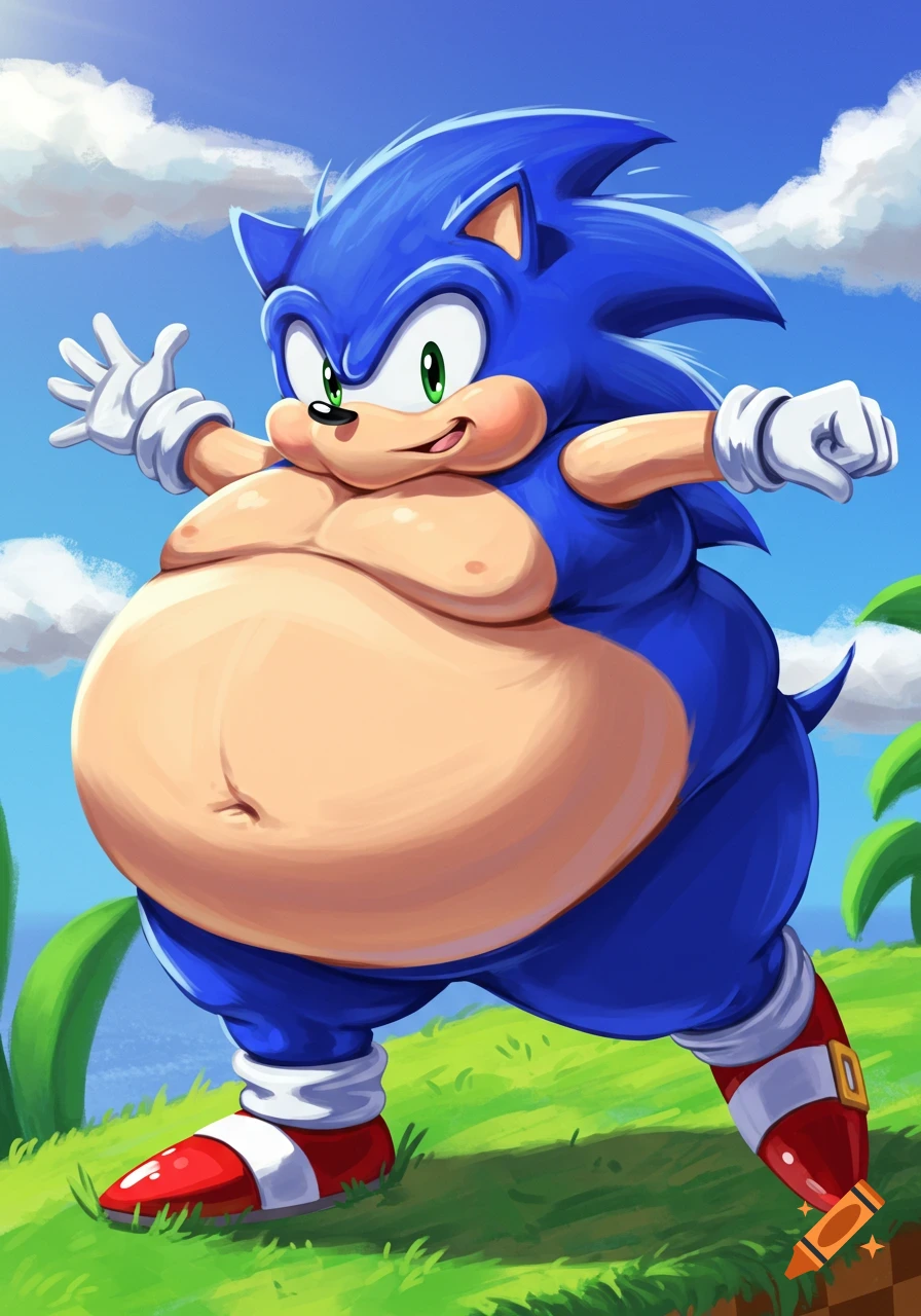 A very large, fat Sonic the Hedgehog stands on a green hill under a ...