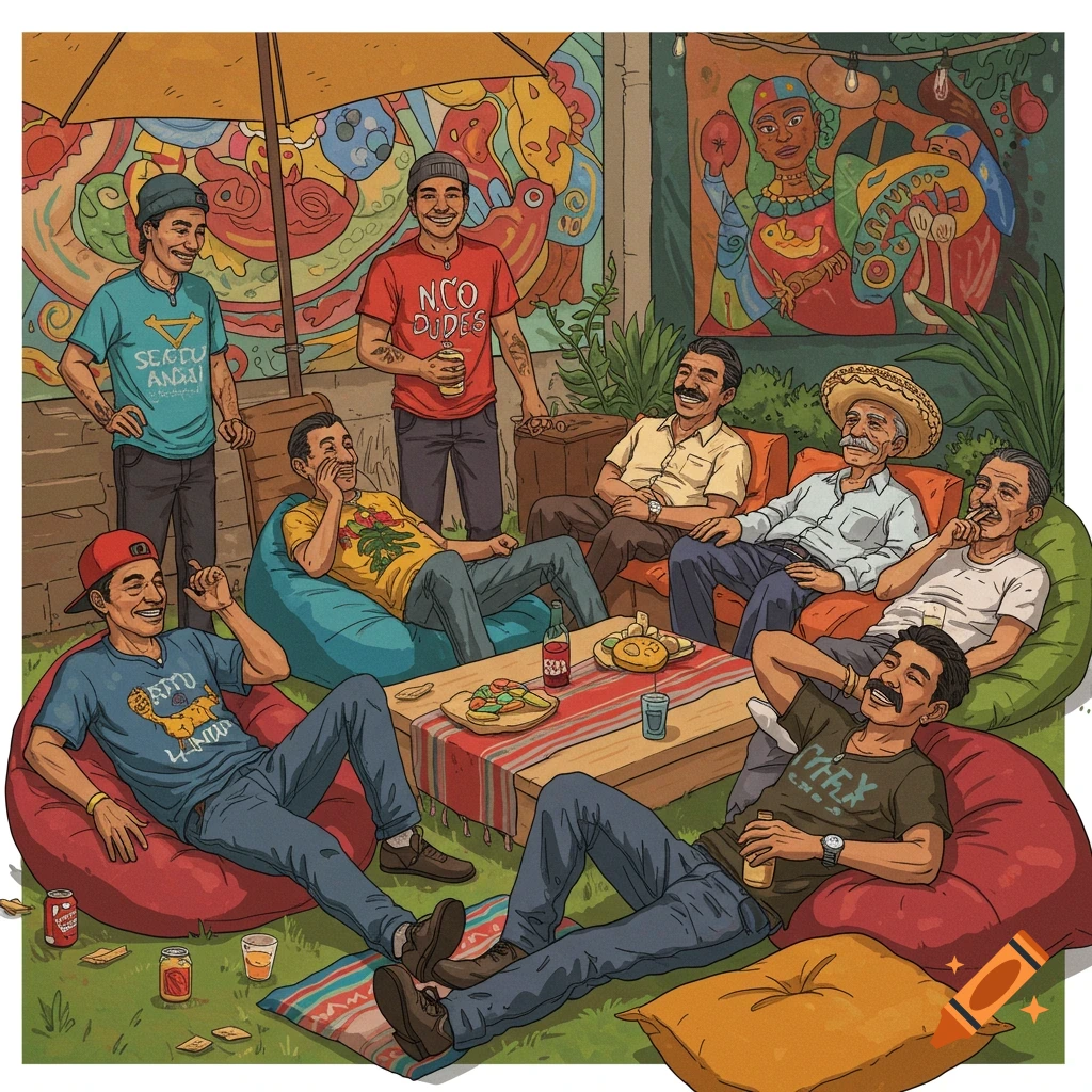 An illustration of a diverse group of men relaxing outdoors, sitting on bean bags and a couch, with snacks and drinks on a low table. They are smiling and interacting.