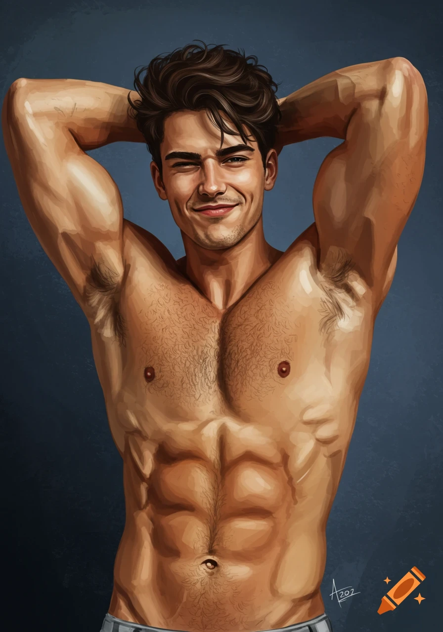 Digital painting of a handsome, muscular man with hairy chest and armpits, smiling and winking, arms behind his head.