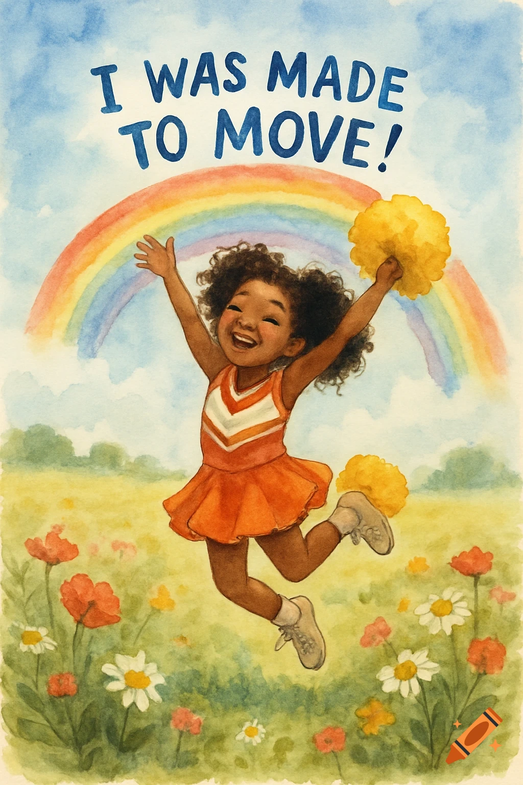 A joyful Black girl with curly hair in a cheer outfit jumps with pom-poms under a rainbow in a sunny field. Text: 'I WAS MADE TO MOVE!' Watercolor style.