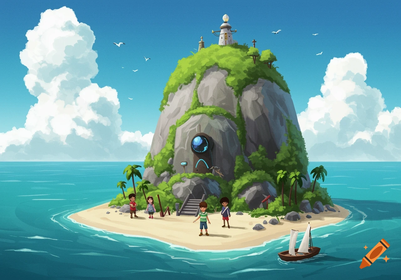 Cartoon illustration of children on a tropical island with a mysterious building on a large hill, a boat, and seagulls.