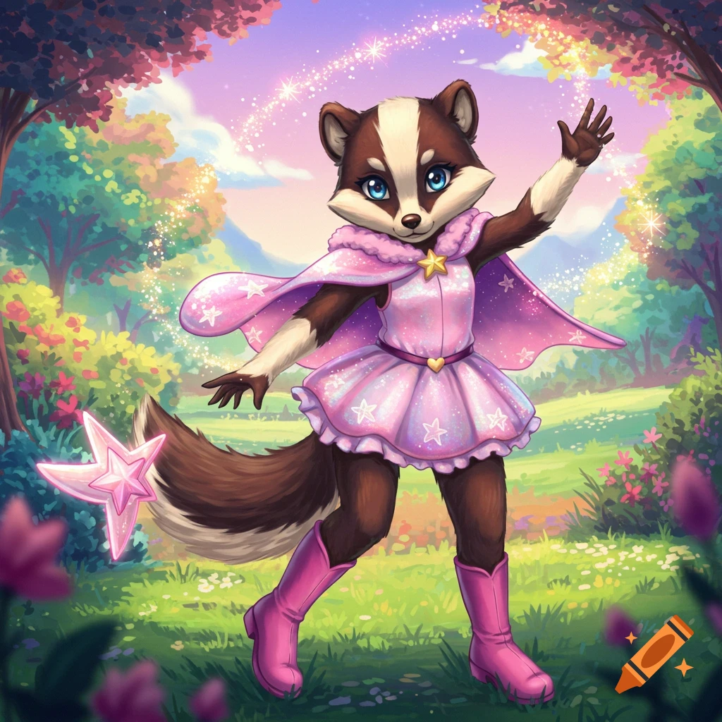 A cute anthropomorphic badger dressed in a pink magical girl outfit with a cape and boots, surrounded by sparkling magic in a whimsical forest.