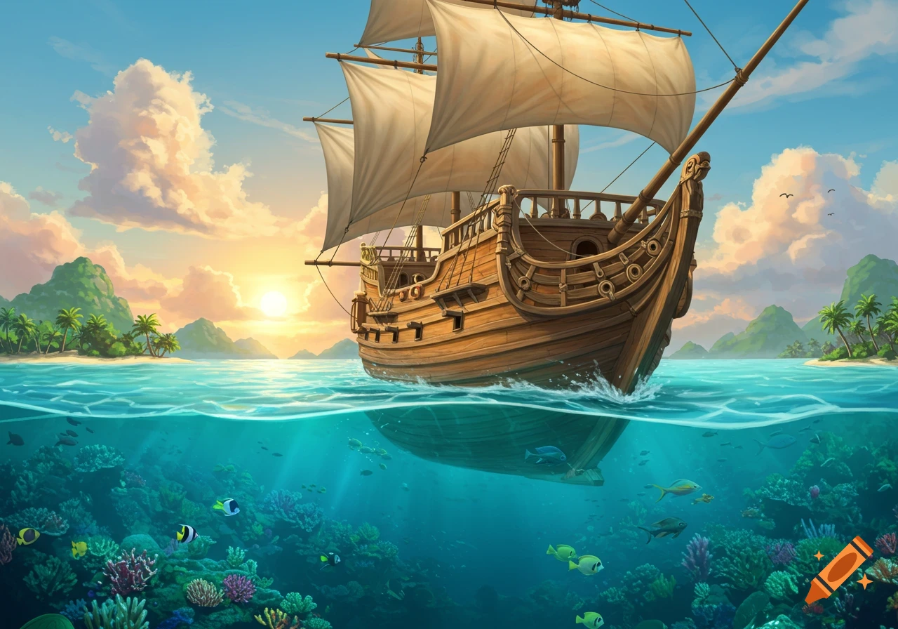 An illustration of a wooden ship sailing over a vibrant coral reef at sunset, tropical islands in the distance.