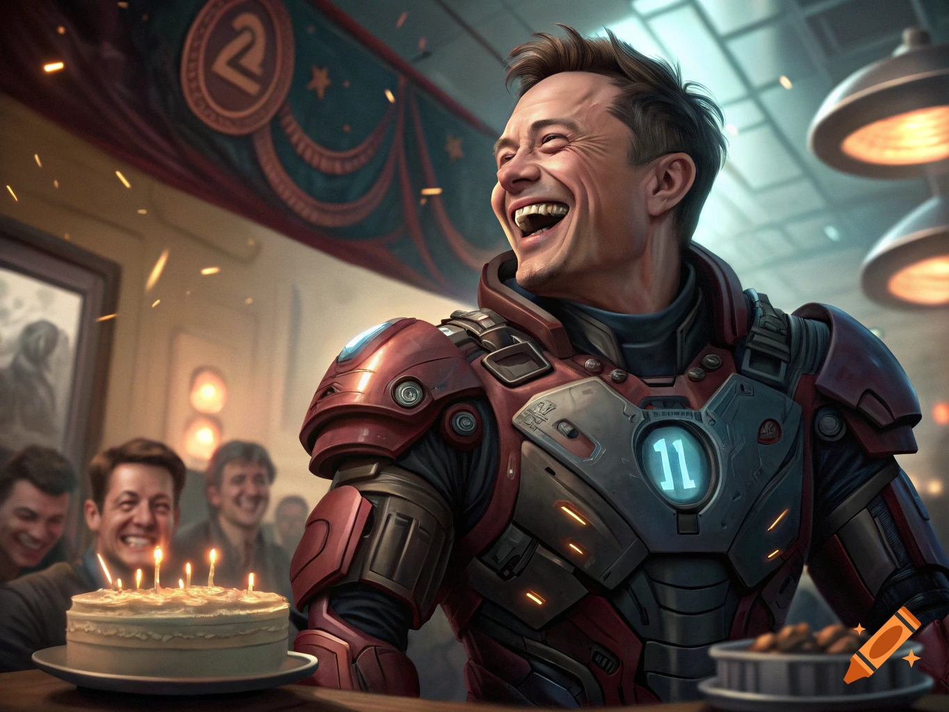 Photorealistic portrait of Elon Musk as a laughing cyborg at his birthday party, with a cake and guests in the background.