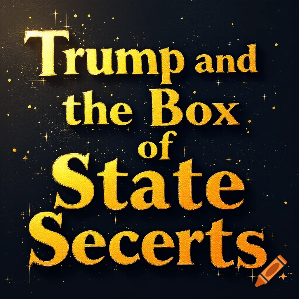 Golden text reading "Trump and the Box of State Secerts" on a sparkling dark background.