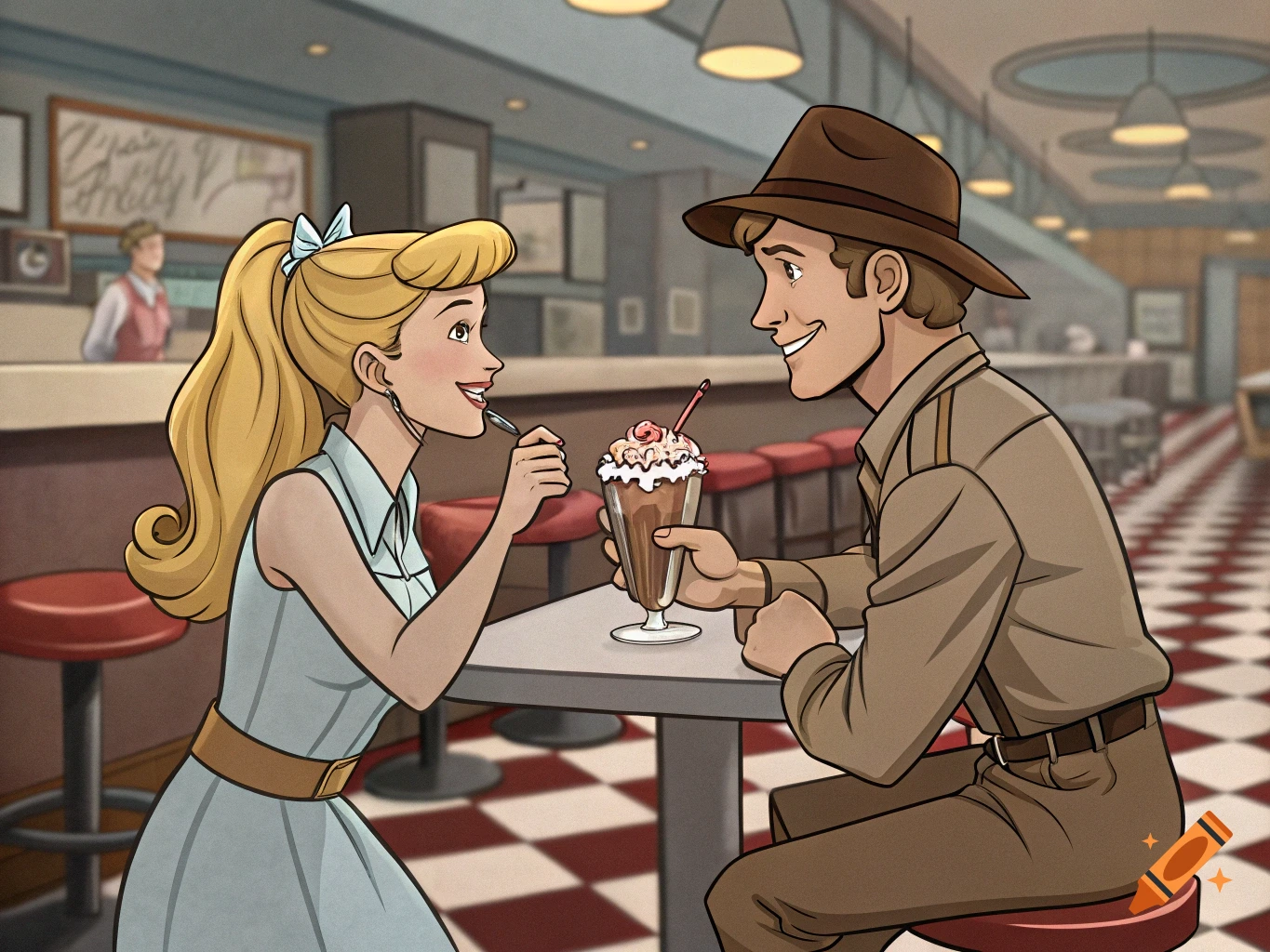 Cartoon comic art of a man in a fedora and a woman with a ponytail smiling at each other while sharing a sundae at a retro diner counter.