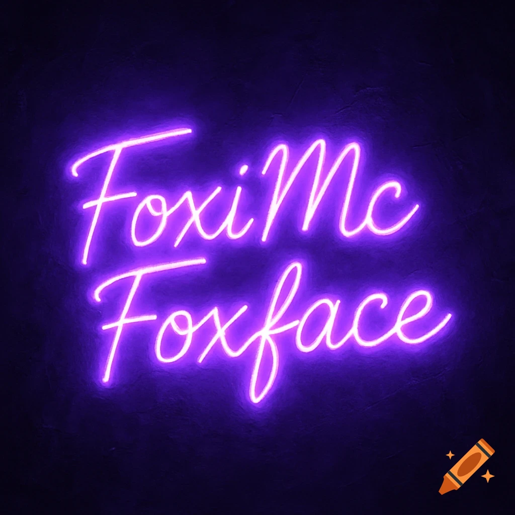 Purple neon sign displaying the name FoxiMc Foxface.
