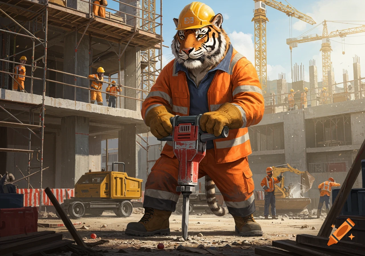 A photorealistic image of a tiger wearing a hard hat and orange work suit, operating a jackhammer on a busy construction site.