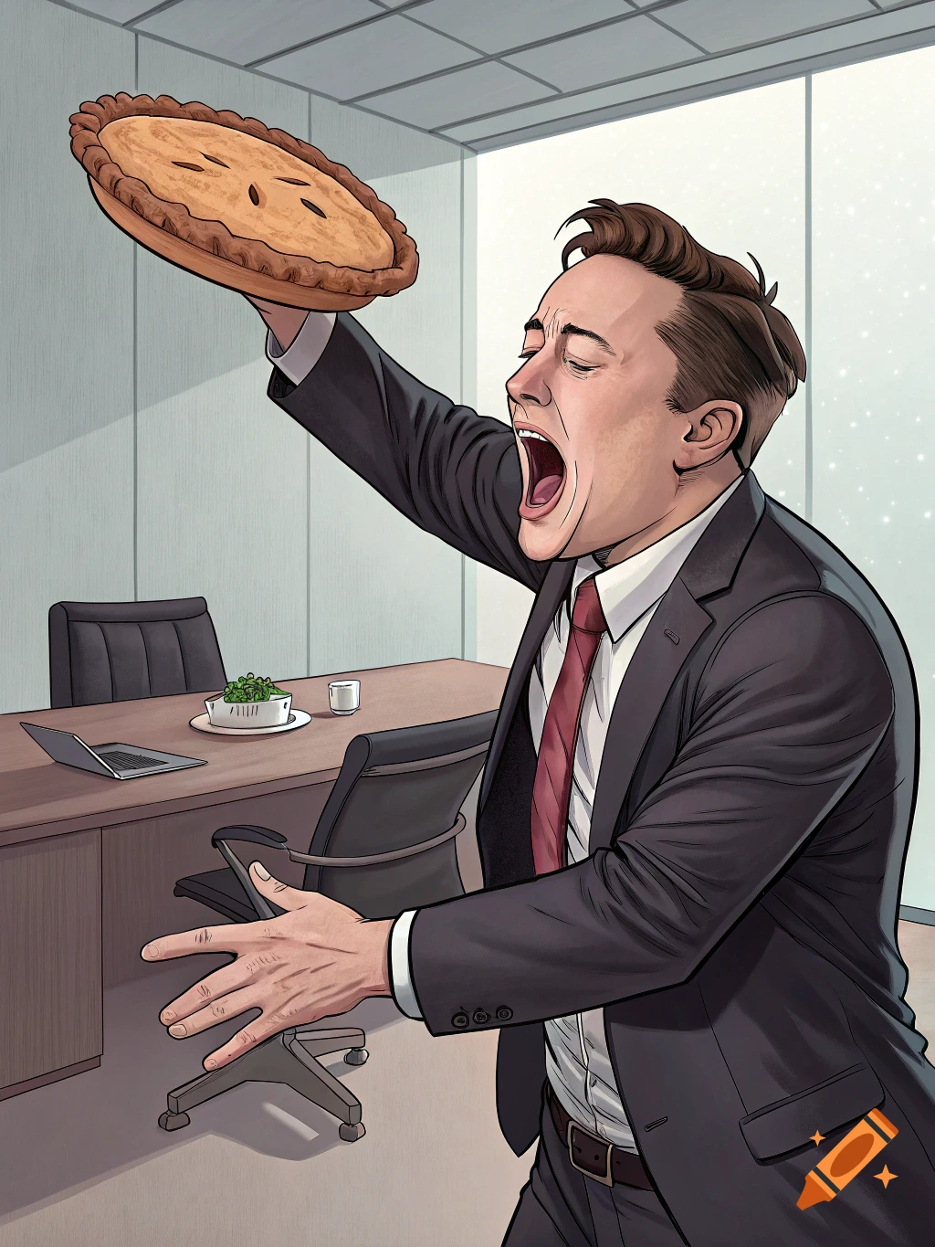 Comic illustration of Elon Musk in an office, mouth wide open, holding a pie above his head.