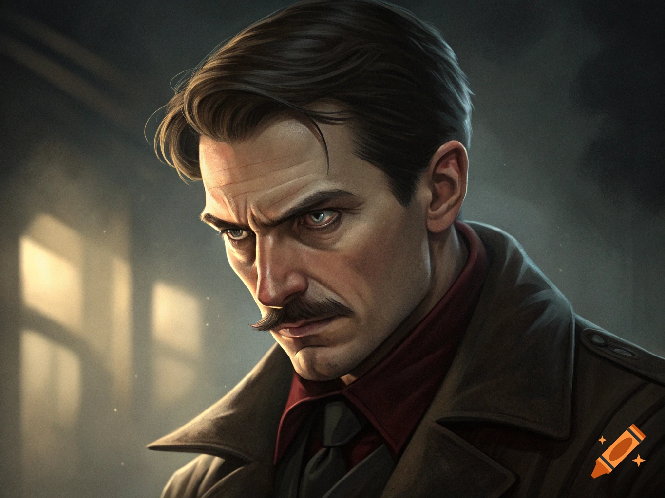 A dramatic stylized portrait of a man with a thin mustache, dark hair, and intense eyes, wearing a coat and collared shirt.