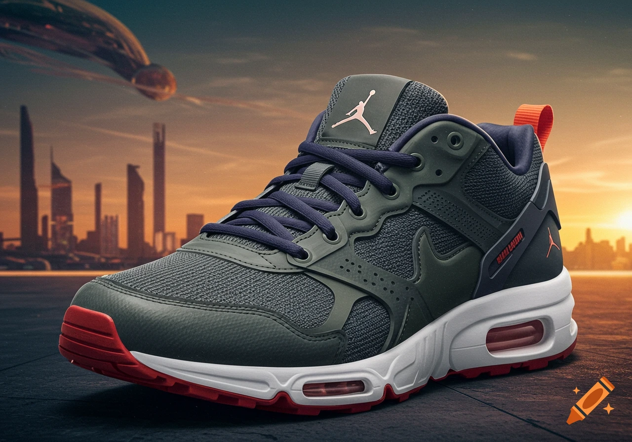 Close-up photorealistic image of a dark green and red sneaker with a white sole, set against a futuristic city skyline at sunset with a flying object in the sky.