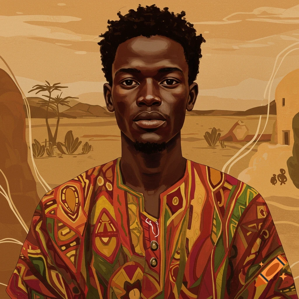 A portrait of a Black man with curly hair wearing a colorful, patterned traditional shirt, set against a desert landscape.