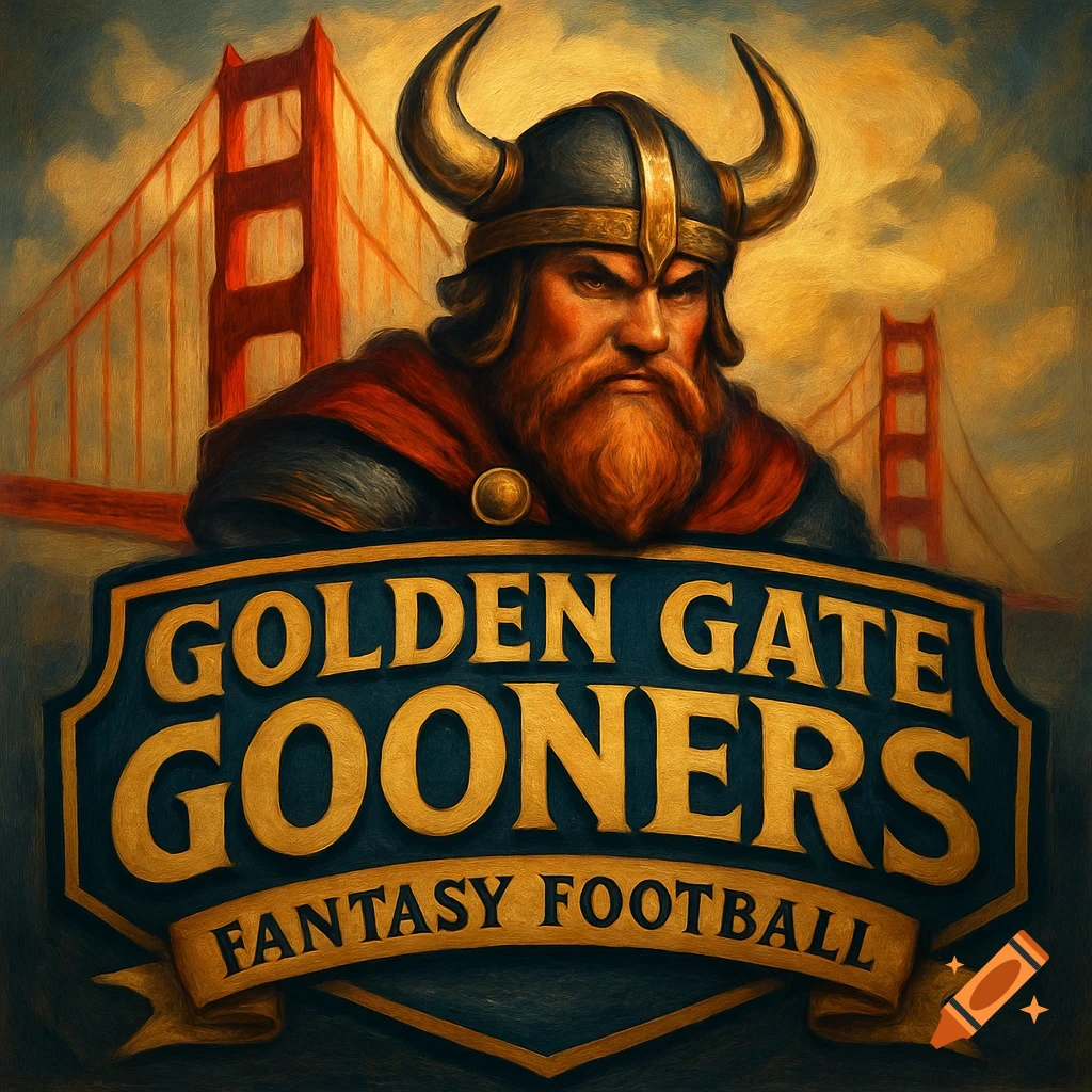 An oil painting style logo featuring a fierce Viking with a horned helmet and beard, in front of the Golden Gate Bridge, above a banner reading 'GOLDEN GATE GOONERS FANTASY FOOTBALL'.