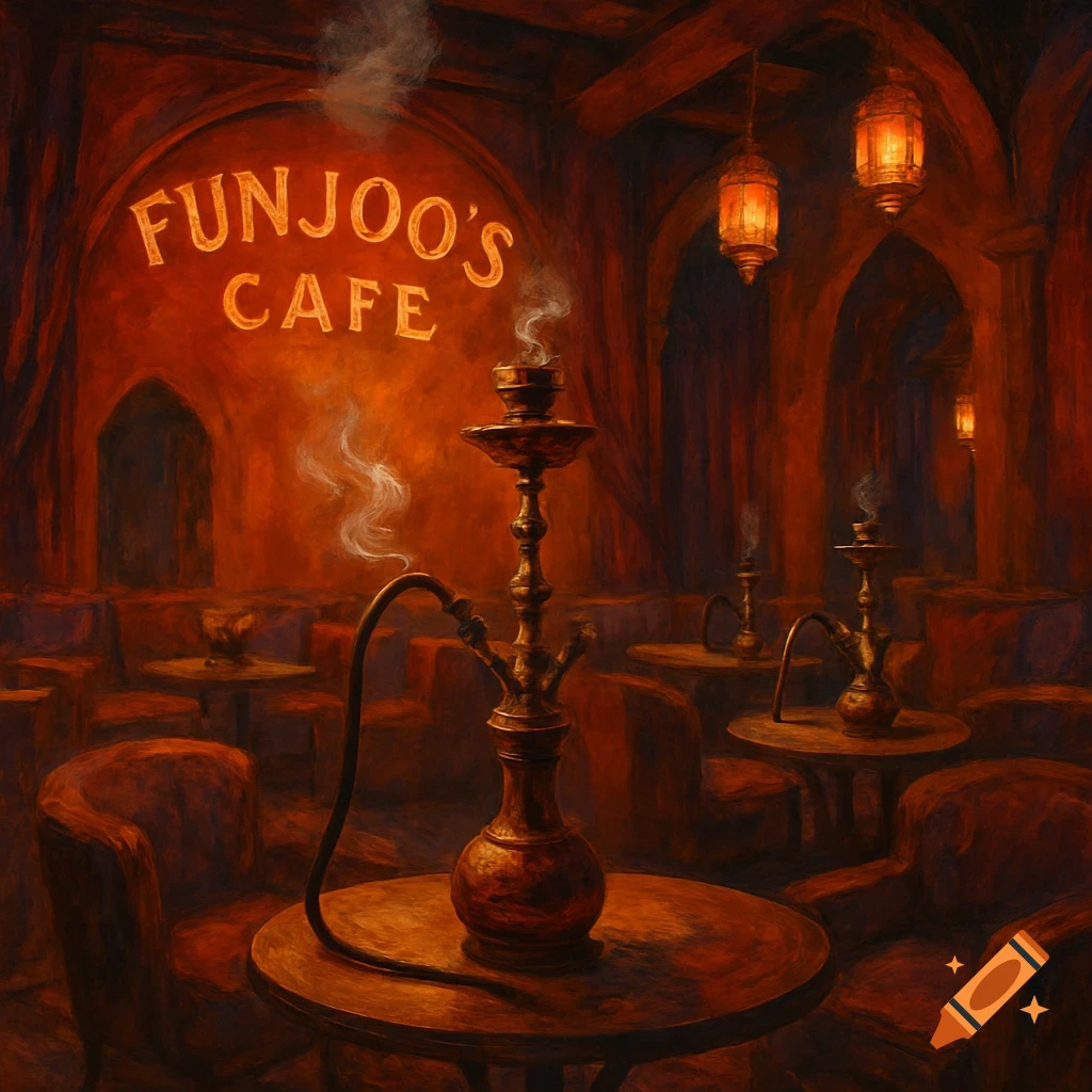 A dimly lit, atmospheric shisha lounge with multiple hookahs, featuring a glowing 'FUNJOO'S CAFE' sign on the wall.