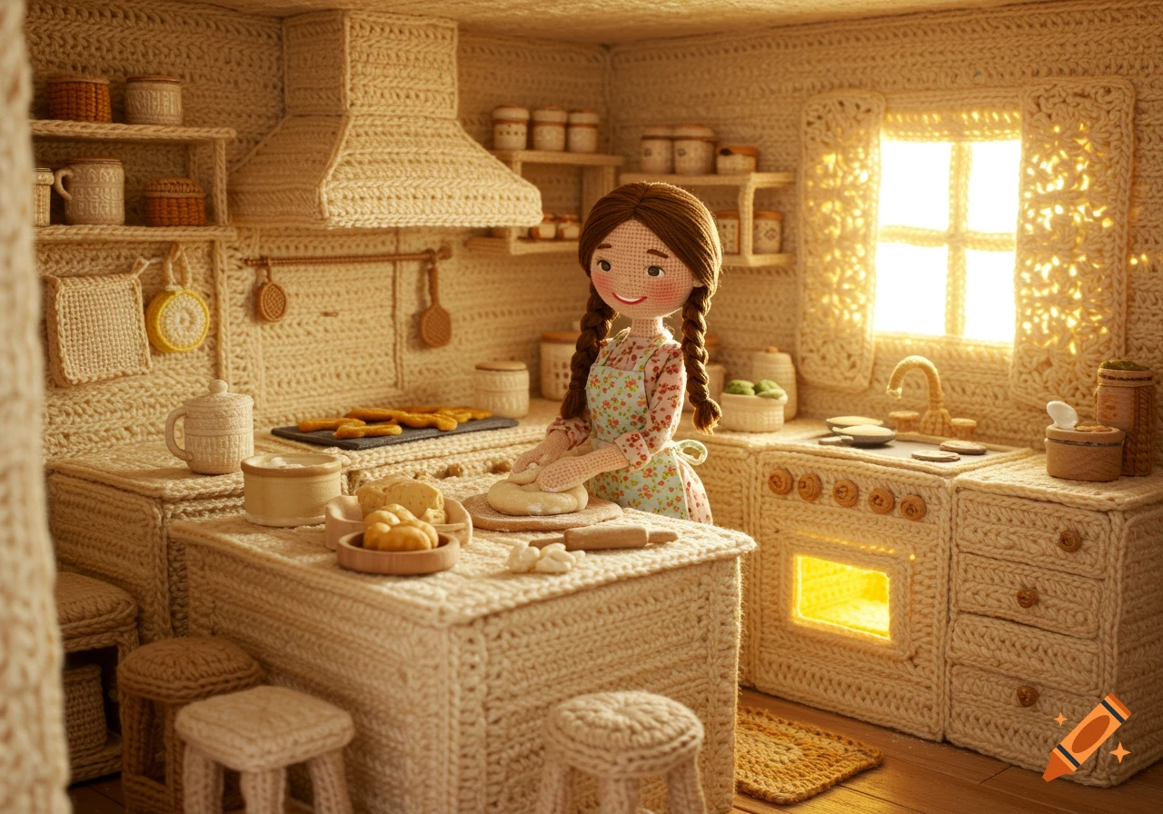 A doll-like girl in an apron kneads dough on a table in a cozy kitchen, all intricately crafted from yarn.