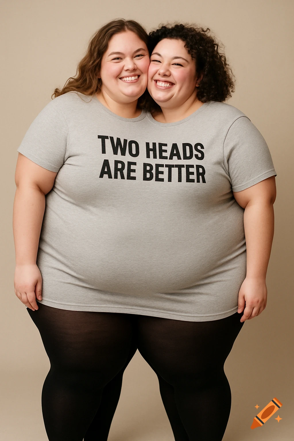 Two plus-size women with smiling faces appear to merge into one body wearing a gray t-shirt that reads "TWO HEADS ARE BETTER" and black tights, on a beige background.