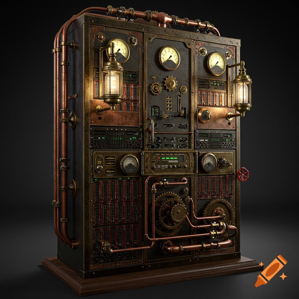 Detailed steampunk server rack featuring brass and copper elements, gears, gauges, and glowing vintage lanterns.