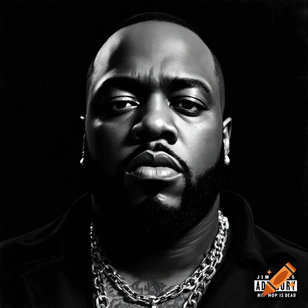 A black and white close-up portrait of a serious-looking man with a beard and chains, resembling an album cover with a Parental Advisory label.