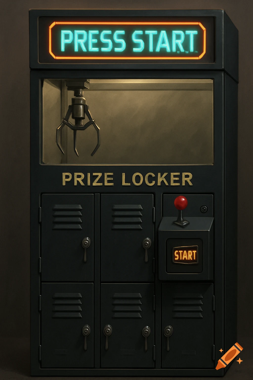 A stylized black metal claw machine combined with lockers, featuring a glowing 'PRESS START' sign and a red joystick.