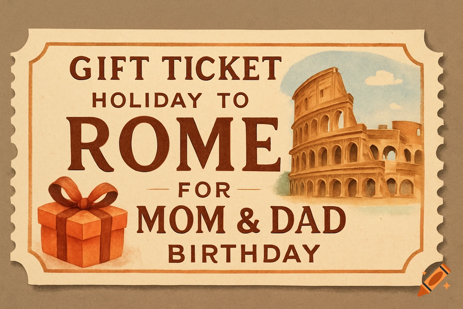 A vintage-style gift ticket to Rome with the Colosseum, a gift box, and 'Holiday to Rome' text.