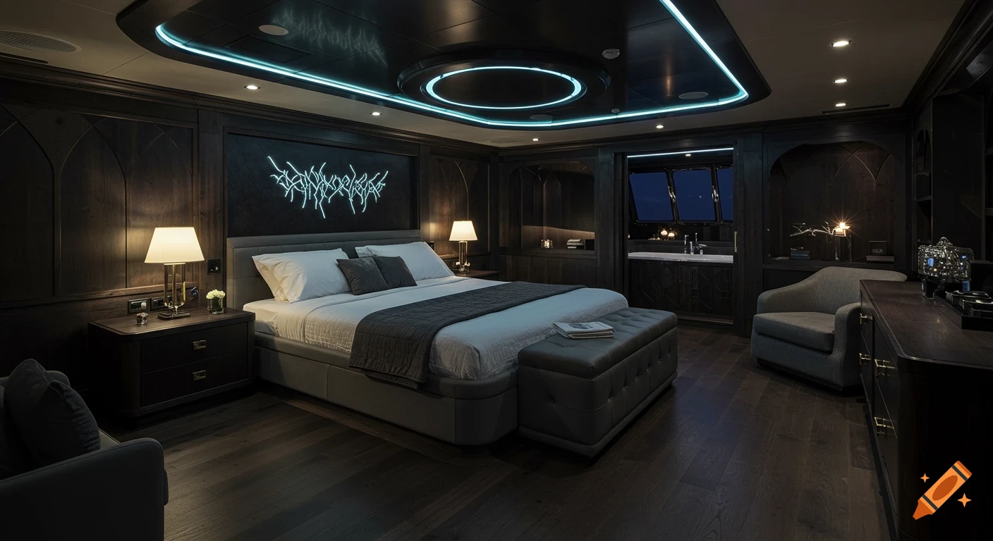 A luxurious dark-toned bedroom suite on a superyacht, featuring a king-size bed with grey bedding, a neon light art installation on the wall, side tables with lamps, and a seating area.