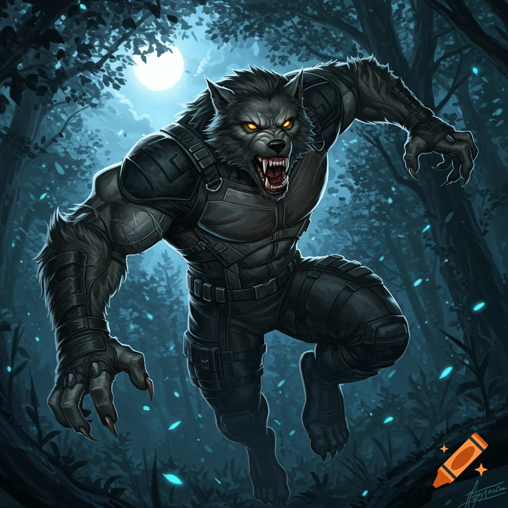 A muscular werewolf in dark tactical gear with glowing yellow eyes, leaping through a dark forest under a full moon.
