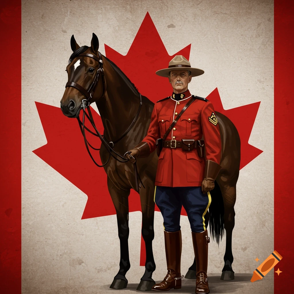 An illustrated Canadian mounted police officer in uniform stands beside a horse with a large red maple leaf flag in the background.