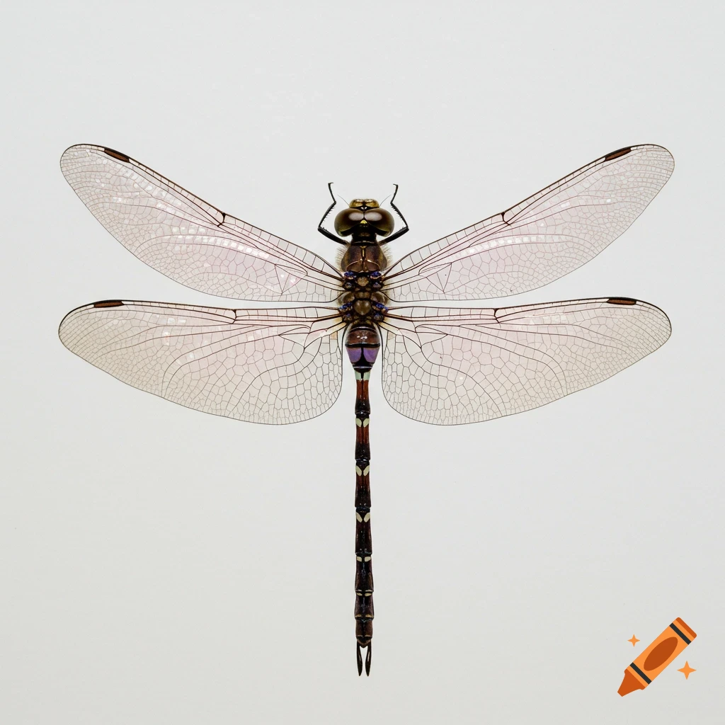 A top-down view of a highly detailed dragonfly with iridescent pale purple wings on a white background, photorealistic and surreal.