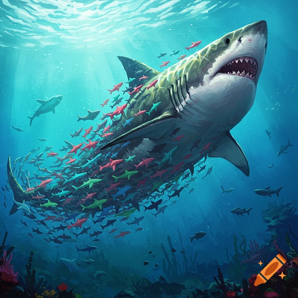 A vibrant illustration of a great white shark composed of many smaller, colorful sharks swimming in a sunlit ocean above a coral reef.