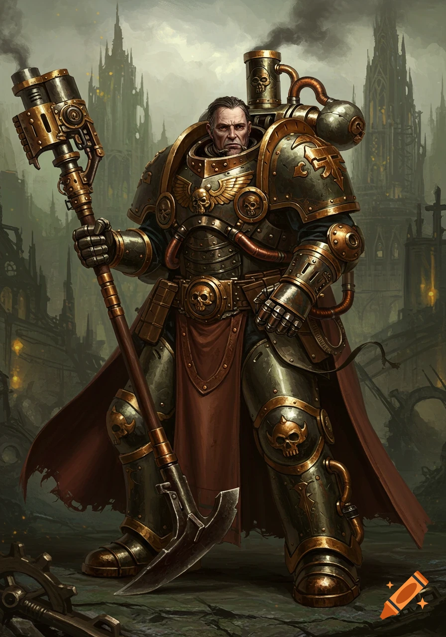 Heavily armored steampunk warrior from Warhammer 40k holding a large mechanical hammer, gothic city in background.