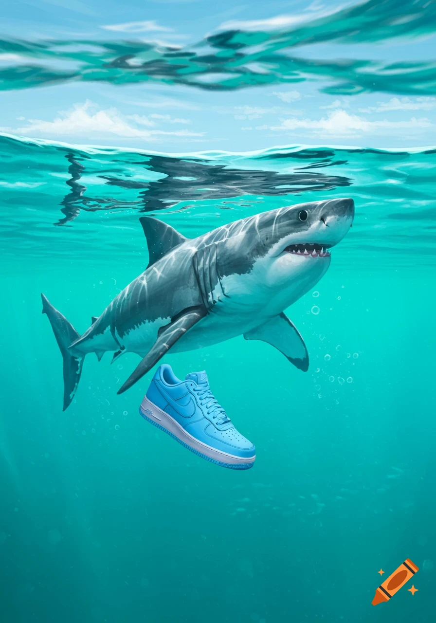 A great white shark swims underwater next to a floating light blue Nike sneaker.