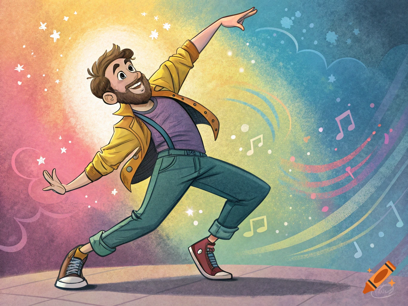 A cartoon man with a beard dances cheerfully against a vibrant, rainbow-colored background with stars and musical notes.