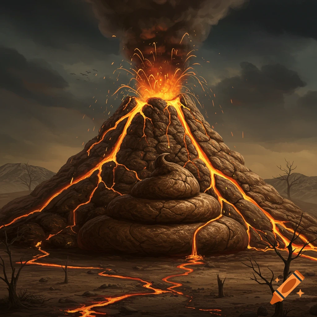 A photorealistic volcano shaped like a giant pile of feces erupts with lava under a stormy sky.