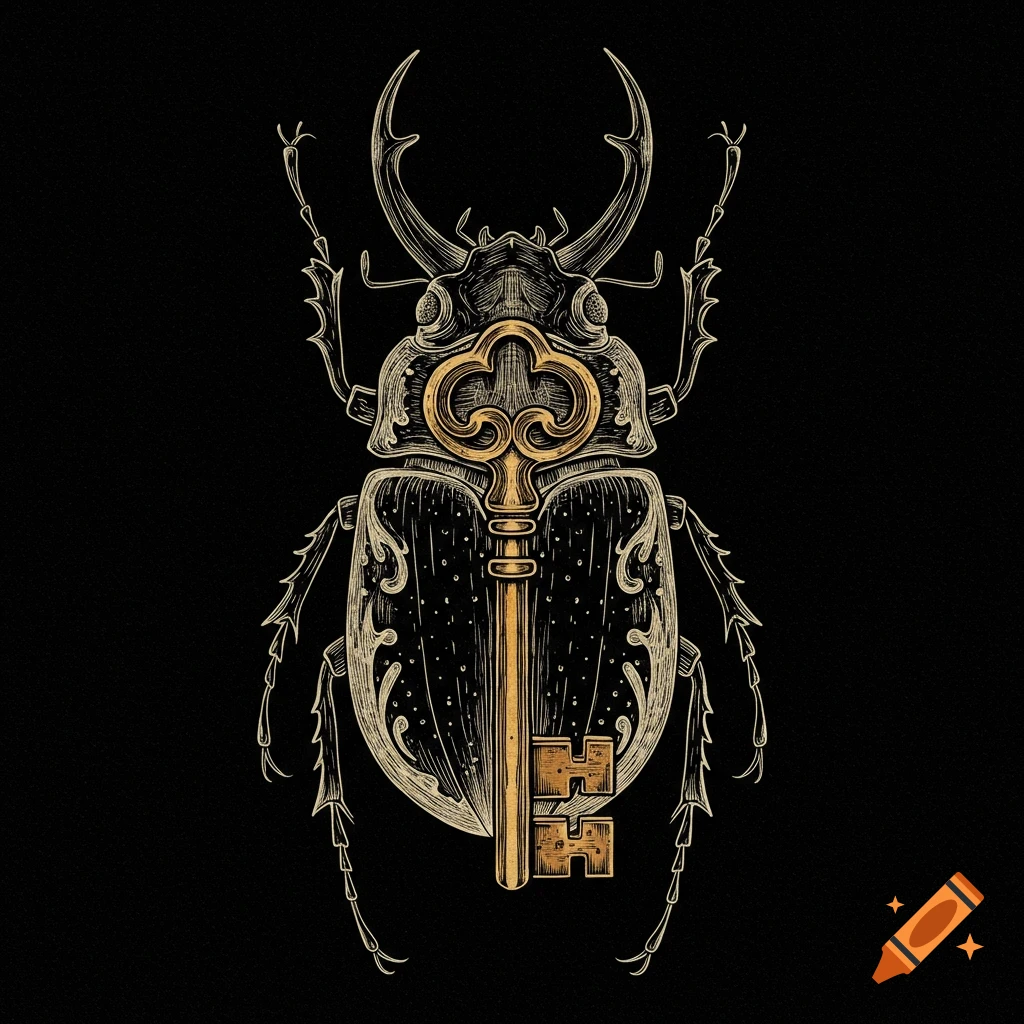 An etched illustration of a scarab beetle fused with a golden key on a black background.