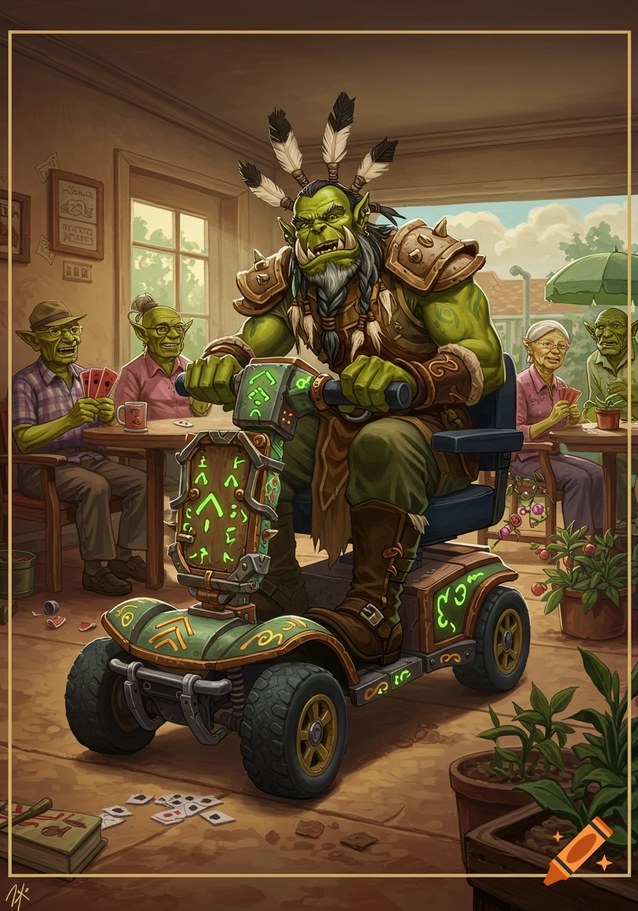 An imposing orc shaman in armor rides a mobility scooter through an old folks' home while older goblins play cards.
