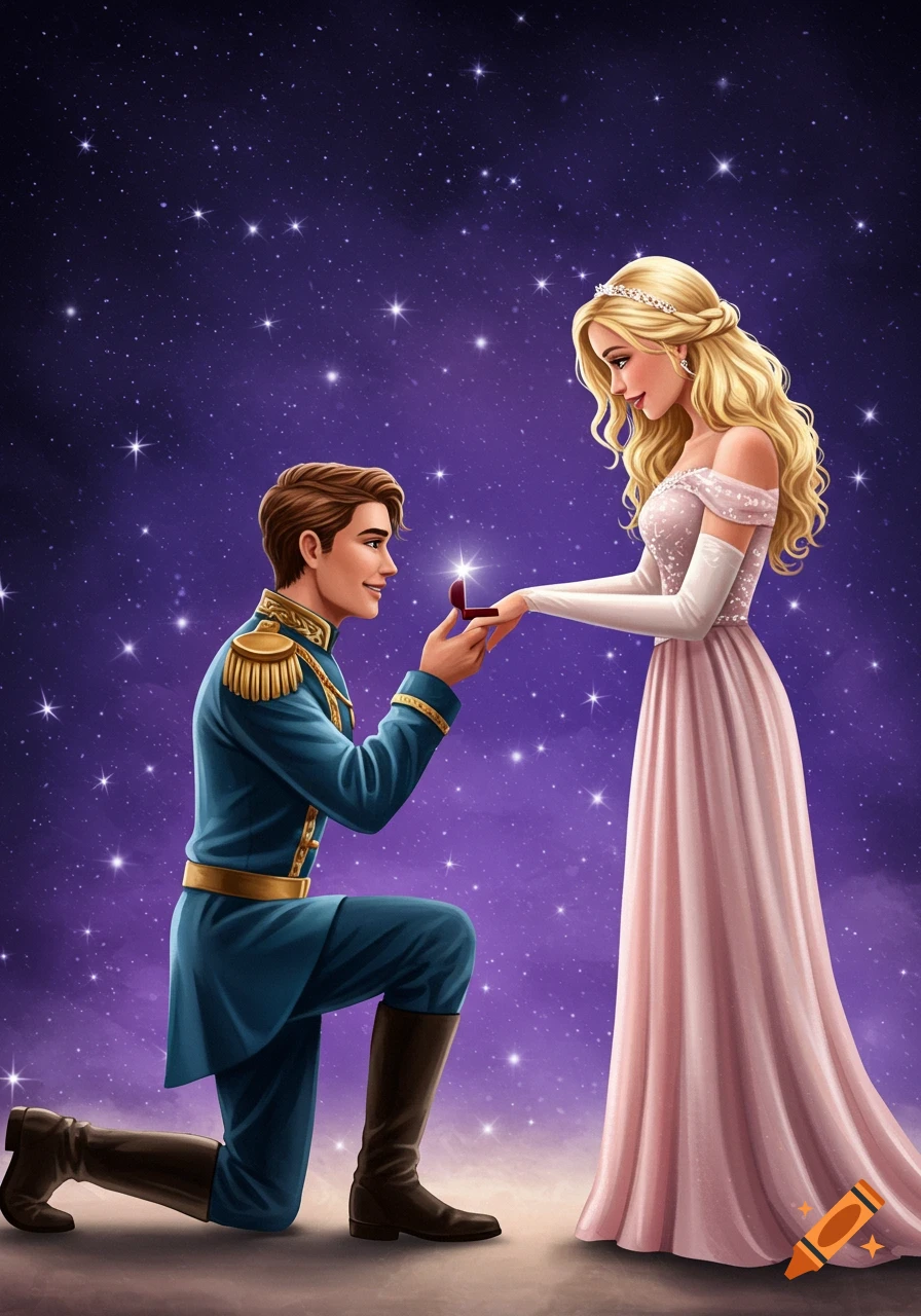 A prince on one knee proposes to a blonde princess under a starry night sky in a detailed illustration style.